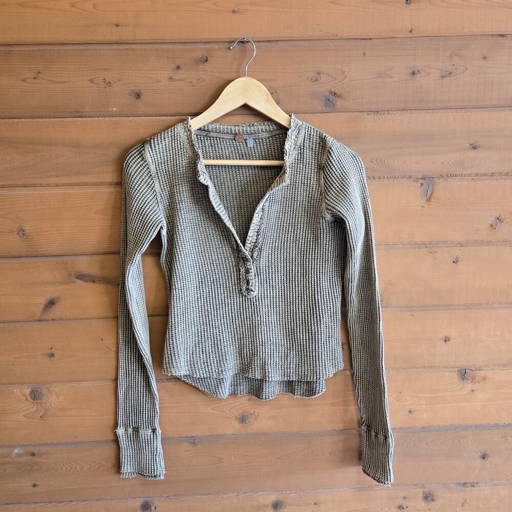 Free People Colt Thermal Henley Top Army Green XS Cuffed Shirt Granola Western - Picture 2 of 7